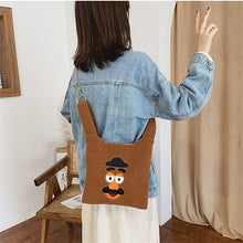 Load image into Gallery viewer, cartoon women handbags plush shoulder bag cute bear face embroidery hand bag women solid color ladies bag tote metal chain